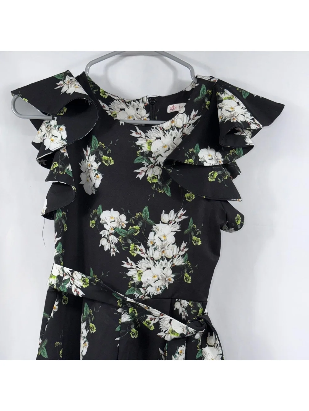 GB Girls Size 12 Black Floral Ruffle Sleeve Belted Romper Jumpsuit